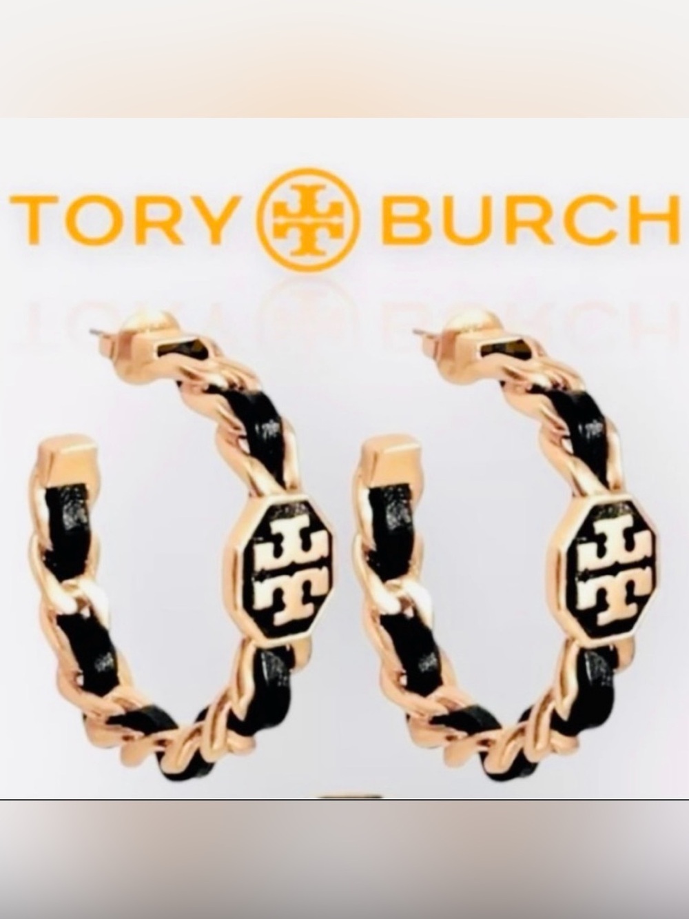New Tory Burch Marion Woven Chain Link Hoop Earrings; Black/Gold